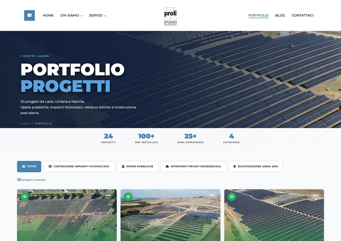 Studio Ingegneria Proli — la pagina Portfolio del sito custom con 20+ progetti per categoria, realizzato da DigyMarketing