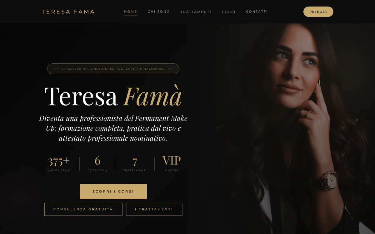Home di teresafama.it: il sito dell'academy PMU realizzato da DigyMarketing, con i due percorsi corsi e trattamenti